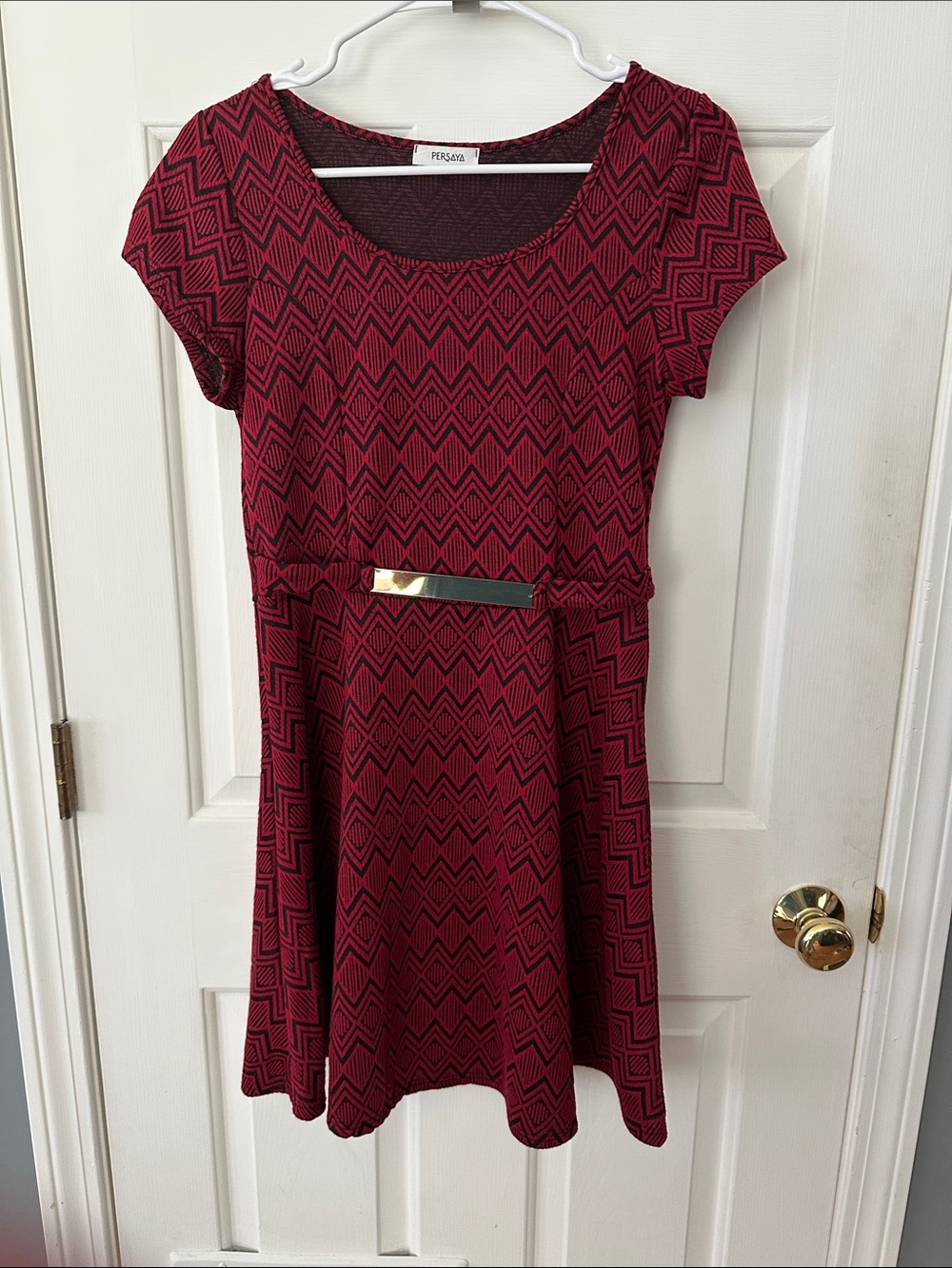 Persaya Wine Red Geometric Fit & Flare Mini Dress